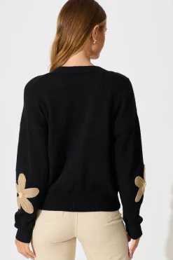 Discount Rosalie Knit Cardigan in Black with Beige Flowers Knitwear|Knitwear