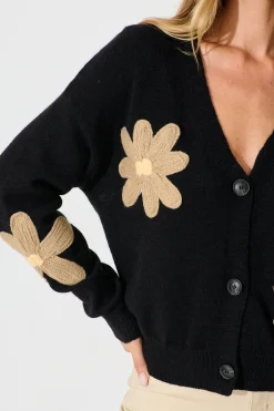 Discount Rosalie Knit Cardigan in Black with Beige Flowers Knitwear|Knitwear