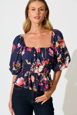 Sale Rosella Top In Navy with Multi Floral Tops