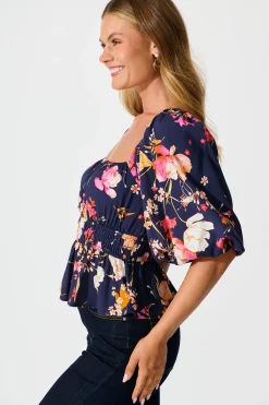 Sale Rosella Top In Navy with Multi Floral Tops