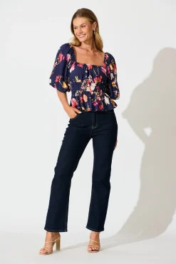 Sale Rosella Top In Navy with Multi Floral Tops