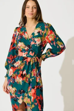 New Rosemarie Midi Dress in Emerald with Abstract Print Dresses|Party