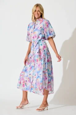 New Rosina Maxi Shirt Dress in Pastel Watercolour Floral Dresses|Party