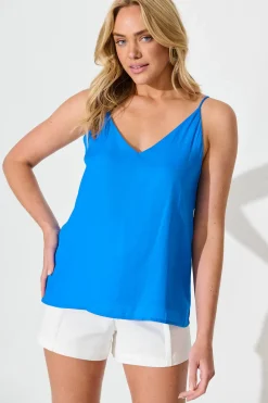 Hot Rowland Cami Top in Bright Blue Satin Tops|Casual