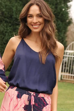 New Rowland Cami Top In Navy Satin Tops