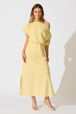 Online Saffron Sky Maxi Off Shoulder Dress in Butter Yellow Cotton Dresses|Casual