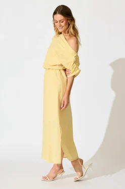 Online Saffron Sky Maxi Off Shoulder Dress in Butter Yellow Cotton Dresses|Casual