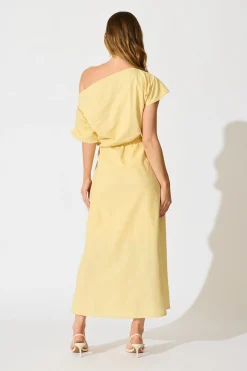 Online Saffron Sky Maxi Off Shoulder Dress in Butter Yellow Cotton Dresses|Casual