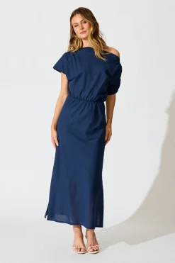 New Saffron Sky Maxi Off Shoulder Dress in Navy Cotton Dresses|Casual