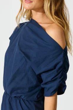 New Saffron Sky Maxi Off Shoulder Dress in Navy Cotton Dresses|Casual