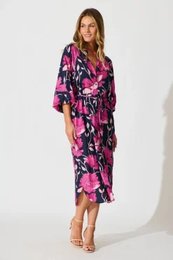 Outlet Sally Midi Shirt Dress In Navy with Pink Floral Dresses|Casual