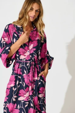 Outlet Sally Midi Shirt Dress In Navy with Pink Floral Dresses|Casual
