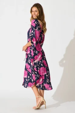 Outlet Sally Midi Shirt Dress In Navy with Pink Floral Dresses|Casual