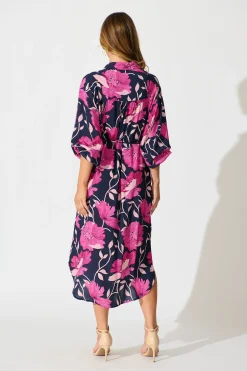 Outlet Sally Midi Shirt Dress In Navy with Pink Floral Dresses|Casual