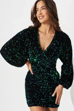 New Sapphira Sequin Dress In Black With Green Sequin Dresses|Party