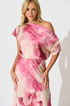 Hot Sarita Maxi Off Shoulder Dress in Magenta Watercolour Satin Dresses|Party