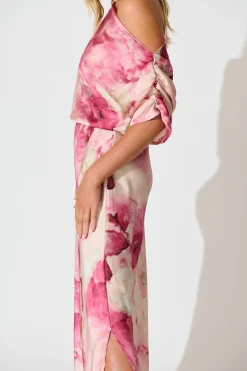 Hot Sarita Maxi Off Shoulder Dress in Magenta Watercolour Satin Dresses|Party