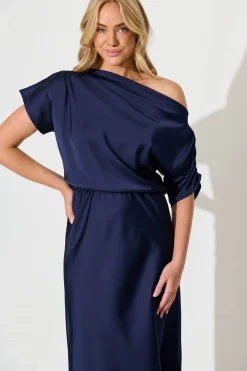 Best Sarita Maxi Off Shoulder Dress in Navy Satin Dresses|Party