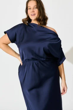Best Sarita Maxi Off Shoulder Dress in Navy Satin Dresses|Party