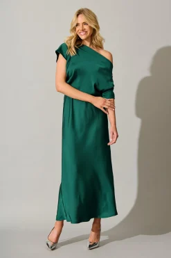 New Sarita Maxi Off Shoulder Dress in Emerald Green Satin Dresses|Party