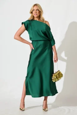 New Sarita Maxi Off Shoulder Dress in Emerald Green Satin Dresses|Party