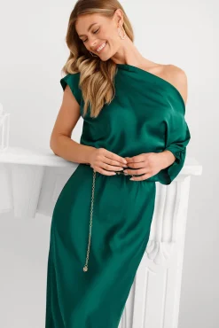 New Sarita Maxi Off Shoulder Dress in Emerald Green Satin Dresses|Party