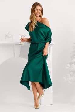 New Sarita Maxi Off Shoulder Dress in Emerald Green Satin Dresses|Party