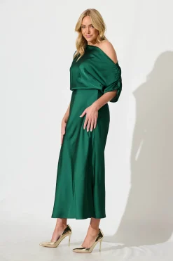 New Sarita Maxi Off Shoulder Dress in Emerald Green Satin Dresses|Party