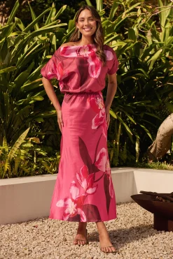 Clearance Sarita Maxi Off Shoulder Dress in Multi Pink Floral Satin Dresses|Party