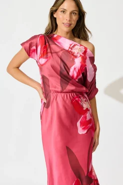 Clearance Sarita Maxi Off Shoulder Dress in Multi Pink Floral Satin Dresses|Party