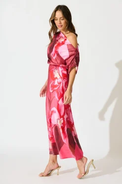 Clearance Sarita Maxi Off Shoulder Dress in Multi Pink Floral Satin Dresses|Party