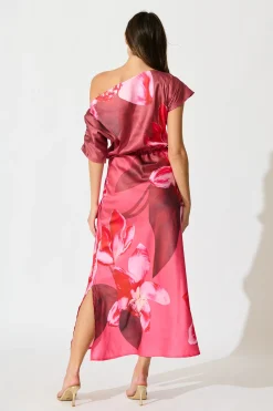 Clearance Sarita Maxi Off Shoulder Dress in Multi Pink Floral Satin Dresses|Party