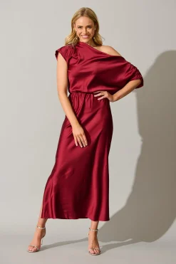 Sale Sarita Maxi Off Shoulder Dress in Wine Satin Dresses|Party