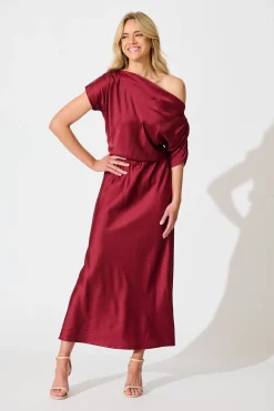 Sale Sarita Maxi Off Shoulder Dress in Wine Satin Dresses|Party