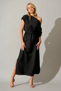 New Sarita Maxi Off Shoulder Dress in Black Satin Dresses|Party