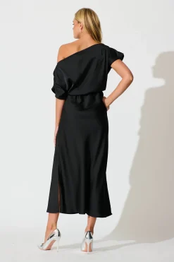 New Sarita Maxi Off Shoulder Dress in Black Satin Dresses|Party