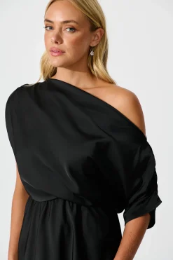 New Sarita Maxi Off Shoulder Dress in Black Satin Dresses|Party