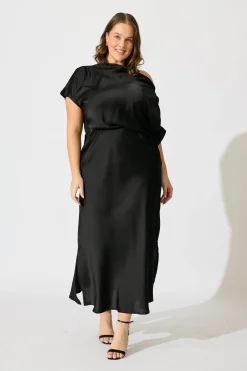 New Sarita Maxi Off Shoulder Dress in Black Satin Dresses|Party