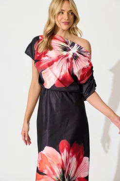 Best Sarita Maxi Off Shoulder Dress in Black and Red Flower Satin Dresses|Party