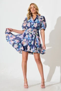 Clearance Sathia Shirt Dress in Navy Multi Watercolour Floral Dresses|Casual