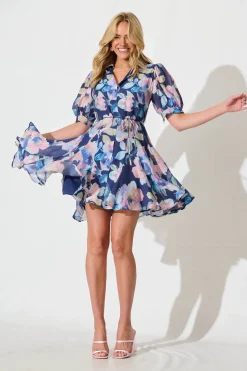 Clearance Sathia Shirt Dress in Navy Multi Watercolour Floral Dresses|Casual
