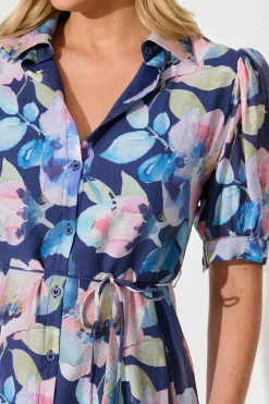Clearance Sathia Shirt Dress in Navy Multi Watercolour Floral Dresses|Casual