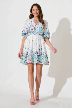 Hot Sausalito Dress In White With Pink And Blue Floral Dresses|Casual