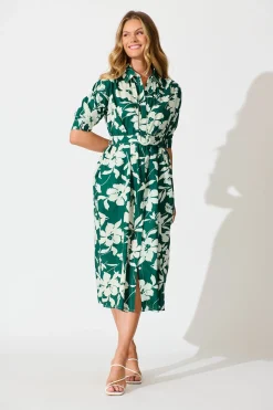 Sale Scottdale Midi Shirt Dress in Emerald Print Cotton Dresses|Casual