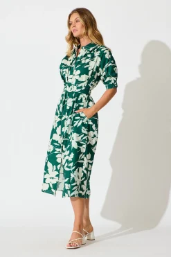 Sale Scottdale Midi Shirt Dress in Emerald Print Cotton Dresses|Casual