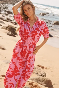 Fashion Scottdale Midi Shirt Dress in Pink with Red Floral Cotton Dresses|Casual