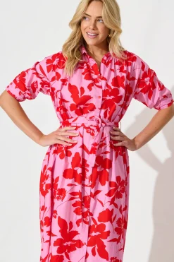 Fashion Scottdale Midi Shirt Dress in Pink with Red Floral Cotton Dresses|Casual