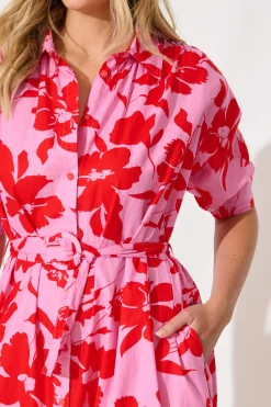 Fashion Scottdale Midi Shirt Dress in Pink with Red Floral Cotton Dresses|Casual