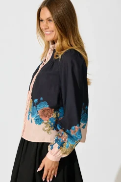 Hot Secret Bloom Blouse Top in Black Multi Floral Linen Blend Tops|Party & Occasion