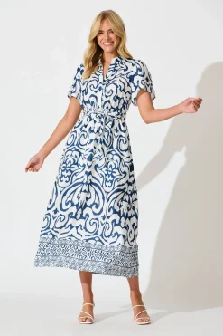 Best Selina Maxi Dress in White with Navy Linen Blend Dresses|Casual